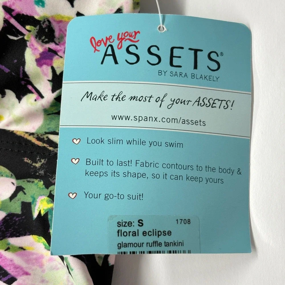 NWT ASSETS Women Tankini Top S Black Floral Power Suits Halter 1708 Slimming